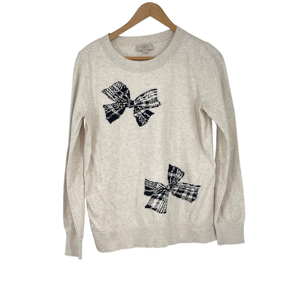 Loft Outlet Cotton Cream‎ Novelty Bow Sweater Size M Girl Coquette Soft Girl
